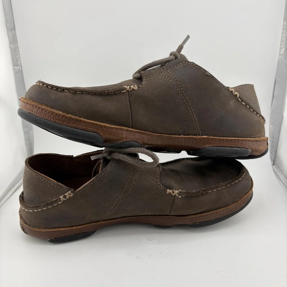 OluKai Ohana Lace-Up Nubuck Shoes Mens 7 Brown Leather Moccasin Casual Comfort